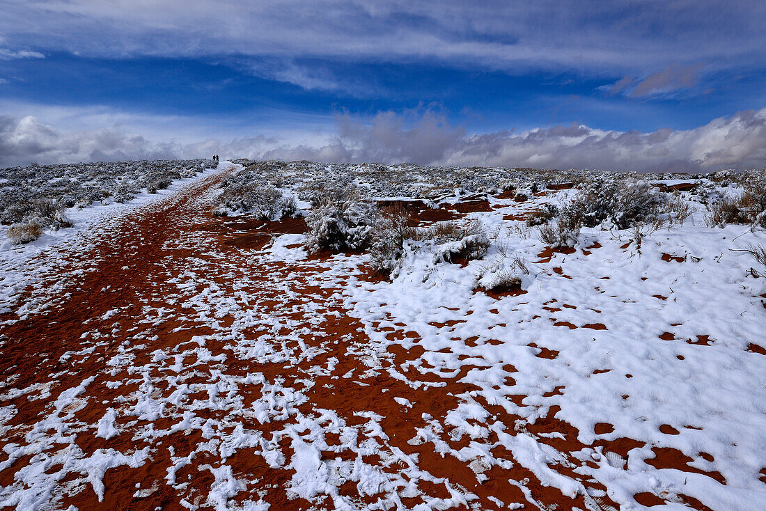 Verschneiter Wanderweg am Horseshoe Canyon, Arizona, USA, Amerika