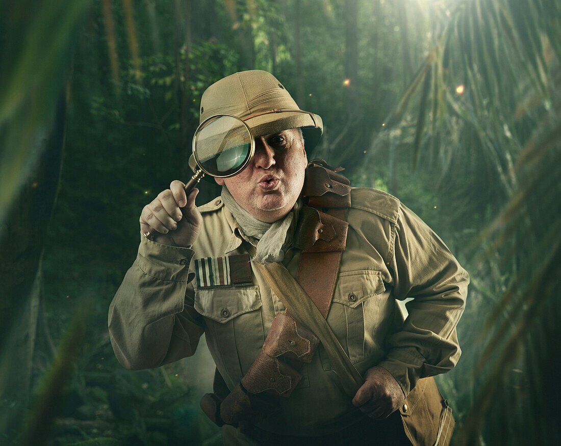 Caucasian hunter peering through magnifying glass in jungle