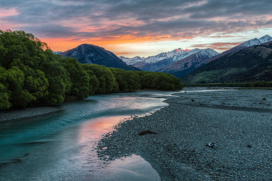 Mountains over remote river, Glenorchy, Central Otago, New Zealand