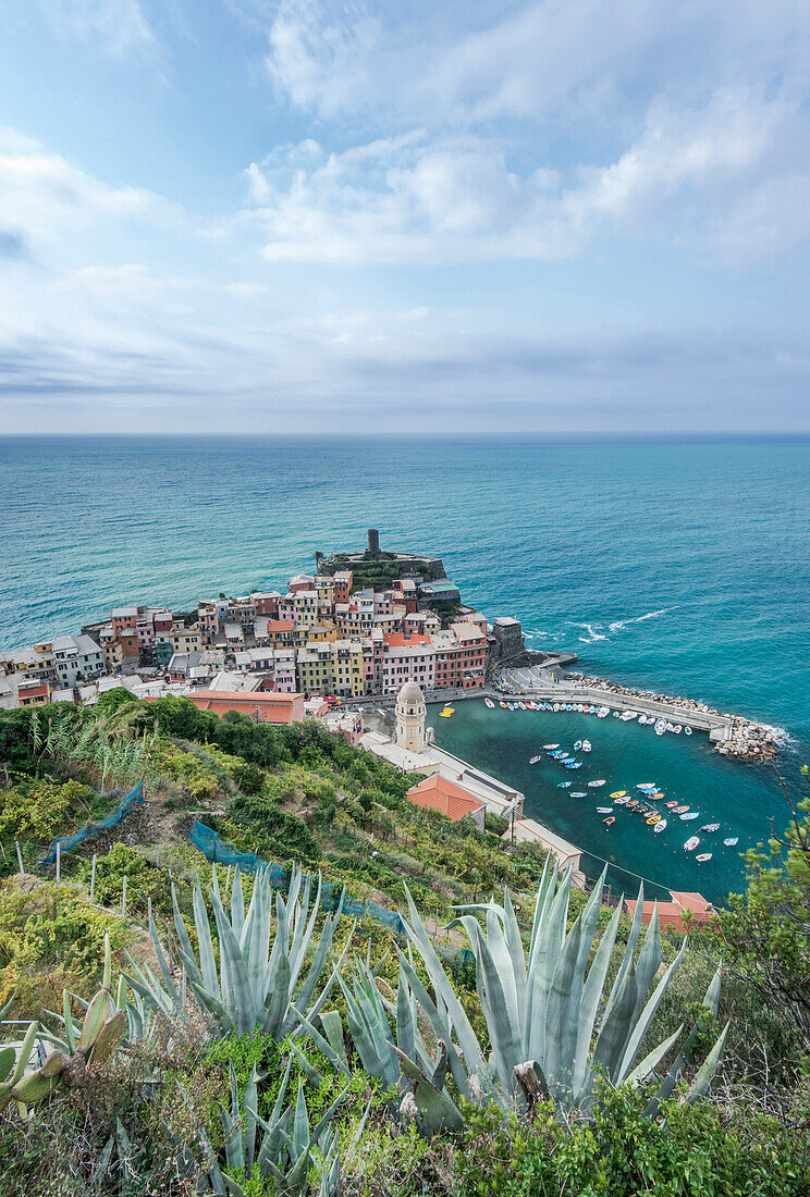 High angle view of Vernazza cityscape and ocean, La Spezia, Italy
