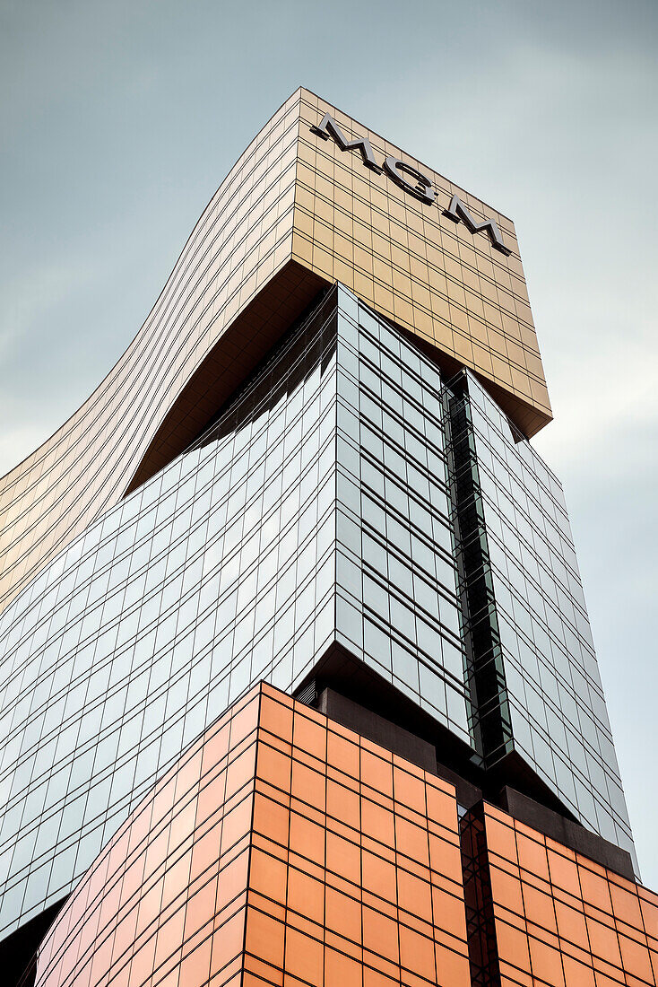 wavy and three coloured fascade of MGM Hotel, modern architecture, Macao, China, Asia