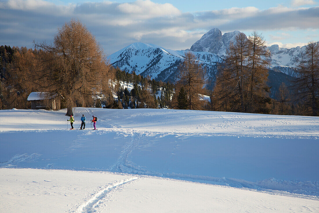 Gruppe von Schneeschuhgehern vor Hütte, Südtirol, Kreuzwiesenalm / Lüsen