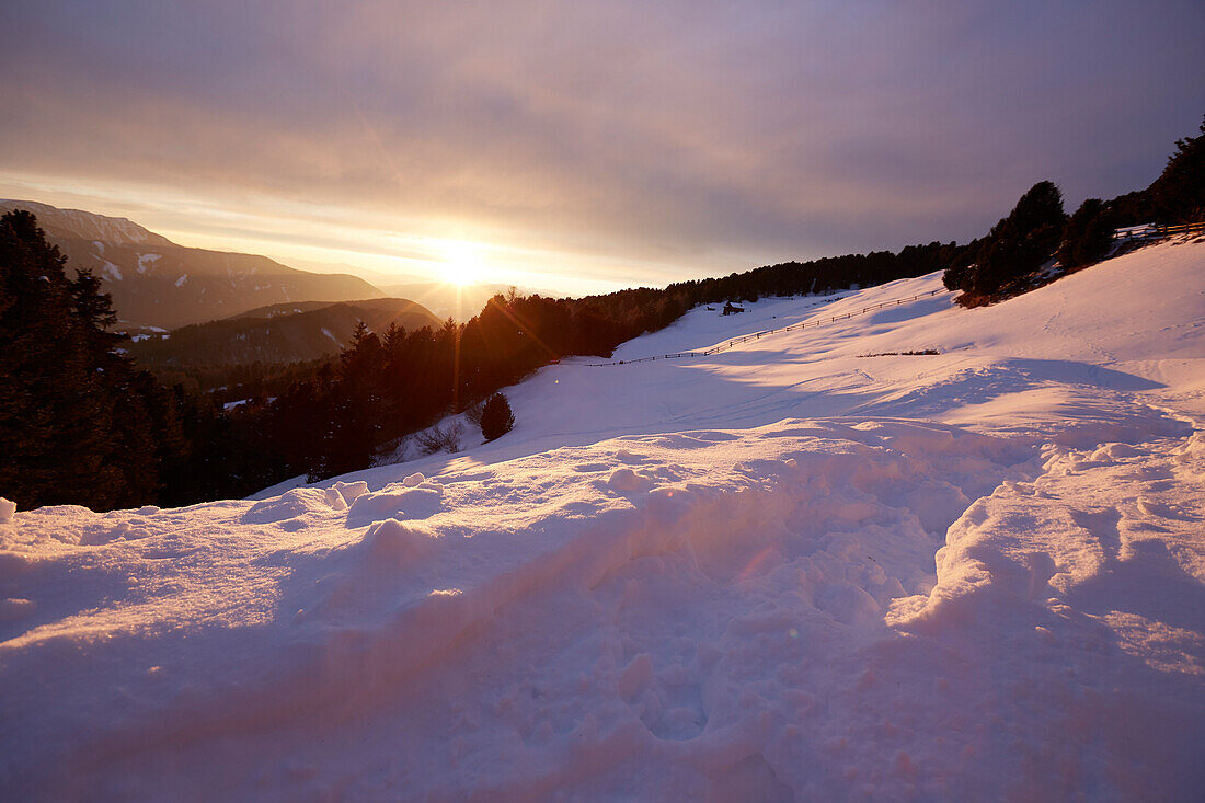 Winter mountains at sunset, Kreuzwiesenalm, Luesen, South Tyrol, Italy