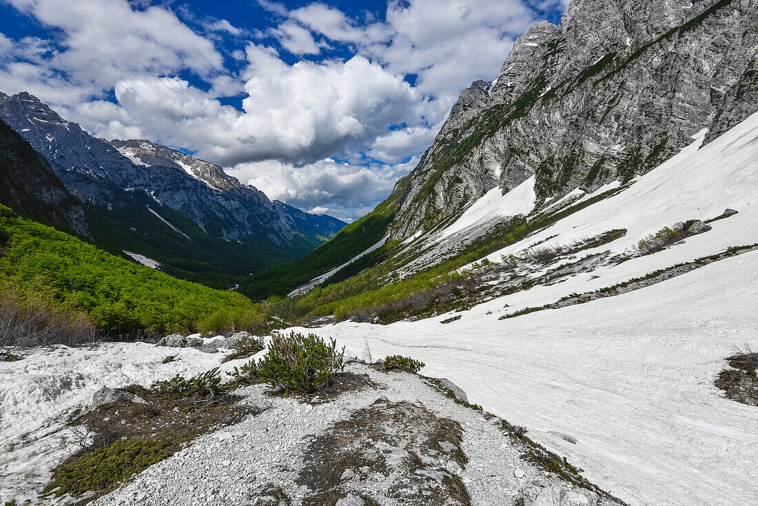 Schnee unterhalb der Nordwand des Triglav, höchster Berg Sloweniens, Vrata-Tal, Triglav Nationalpark, Julische Alpen, Slowenien, Europa