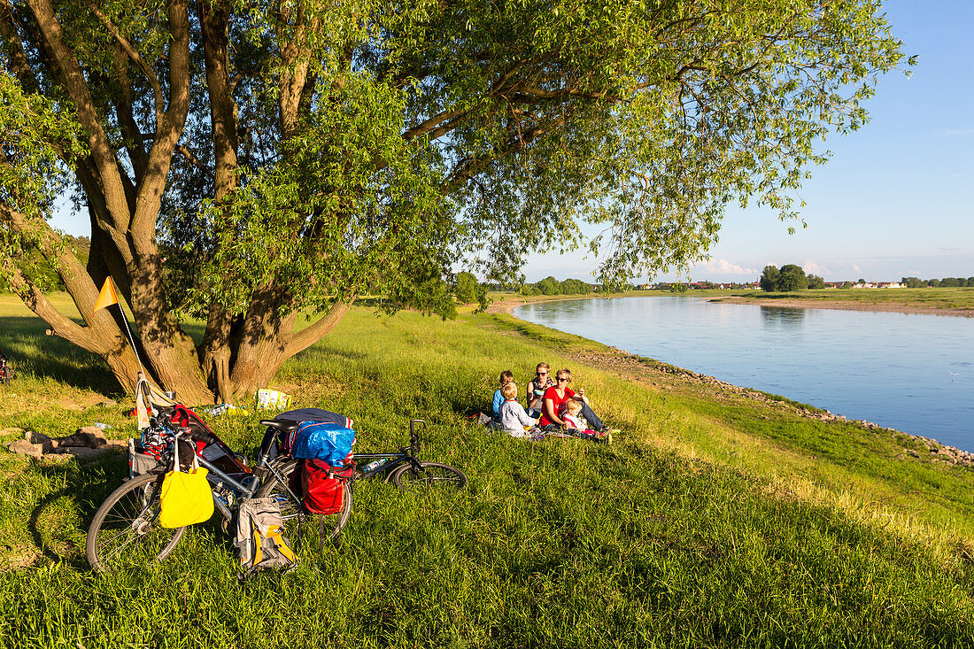 Familie macht Picknick entlang der Elbe, Abenteuer, Elbwiesen, Familienfahrradtour an der Elbe von Torgau nach Riesa, Sachsen, Deutschland, Europa