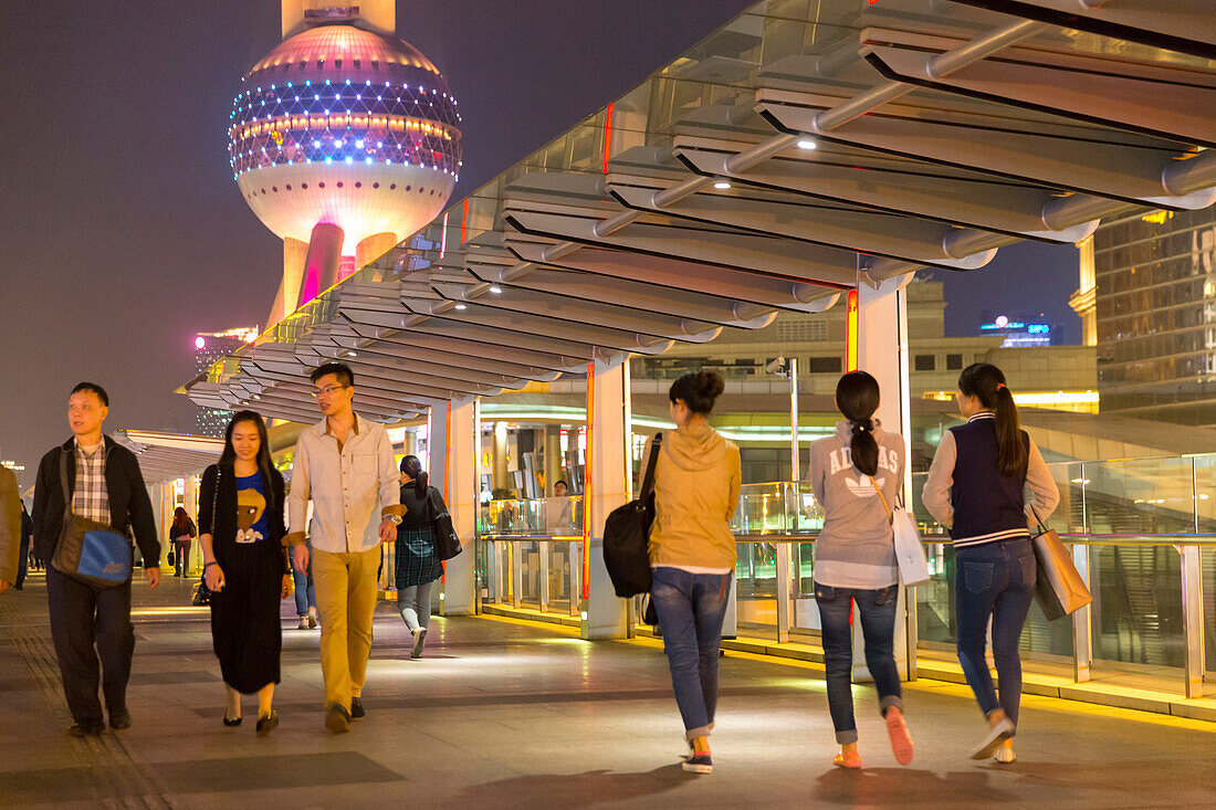 Night, Pudong, people on bridge, walkway, Oriental Pearl Tower, skyscraper, illuminated, financial district, Shanghai, China, Asia