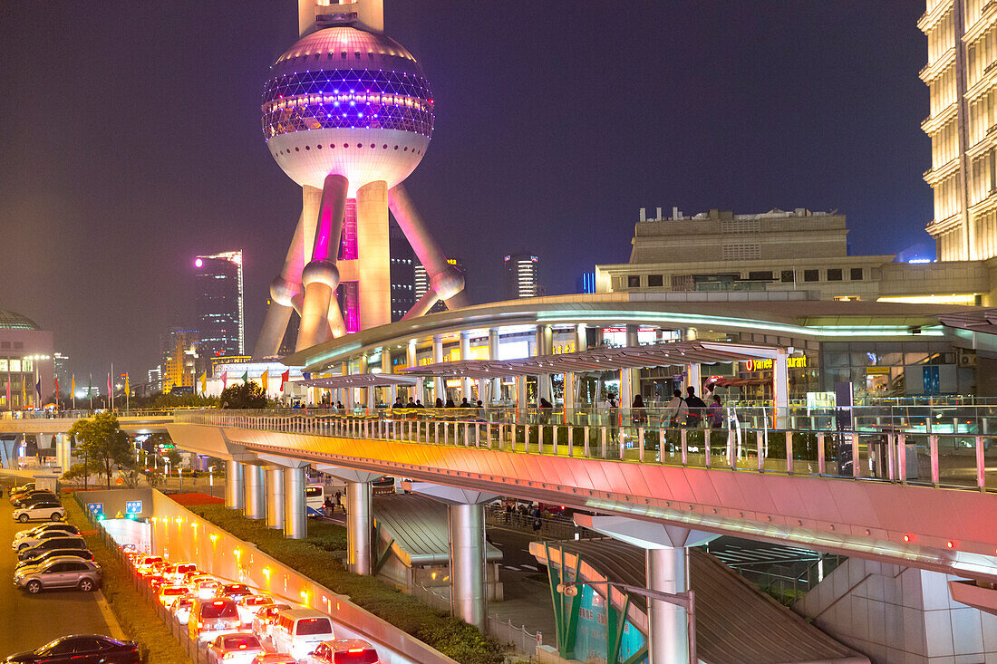 Night, Pudong, Oriental Pearl Tower, people on bridge, walkway, traffic jam, illuminated, financial district, Shanghai, China, Asia