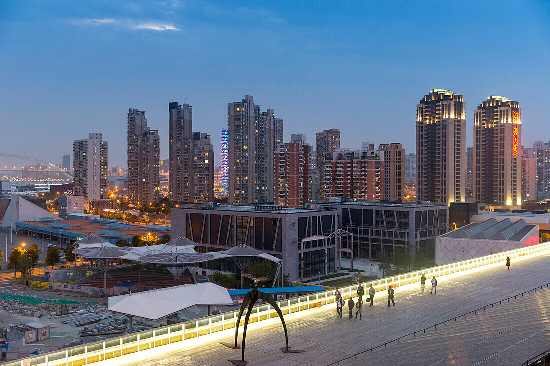 Dusk, skyscrapers, West Bund area, EXPO 2010 area, view from Shanghai Power Station of Art, Shanghai, China, Asia