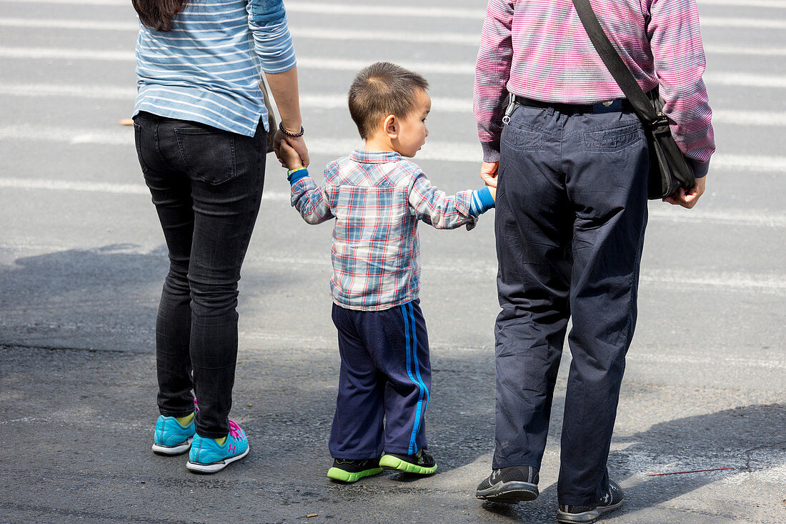 Kleiner Junge an Hand von Mama und Papa, Straße überqueren, Zebrastreifen, Straßenszene, Ein-Kind-Politik, Schanghai, Shanghai, China, Asien
