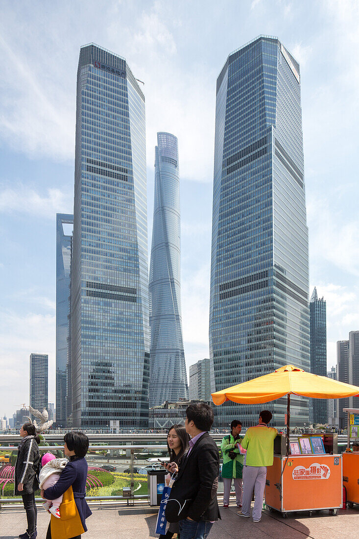 Pudong, architecture, hawker, skyscrapers, towers, high-rise, mobile stall, icon, finance, Shanghai, China, Asia