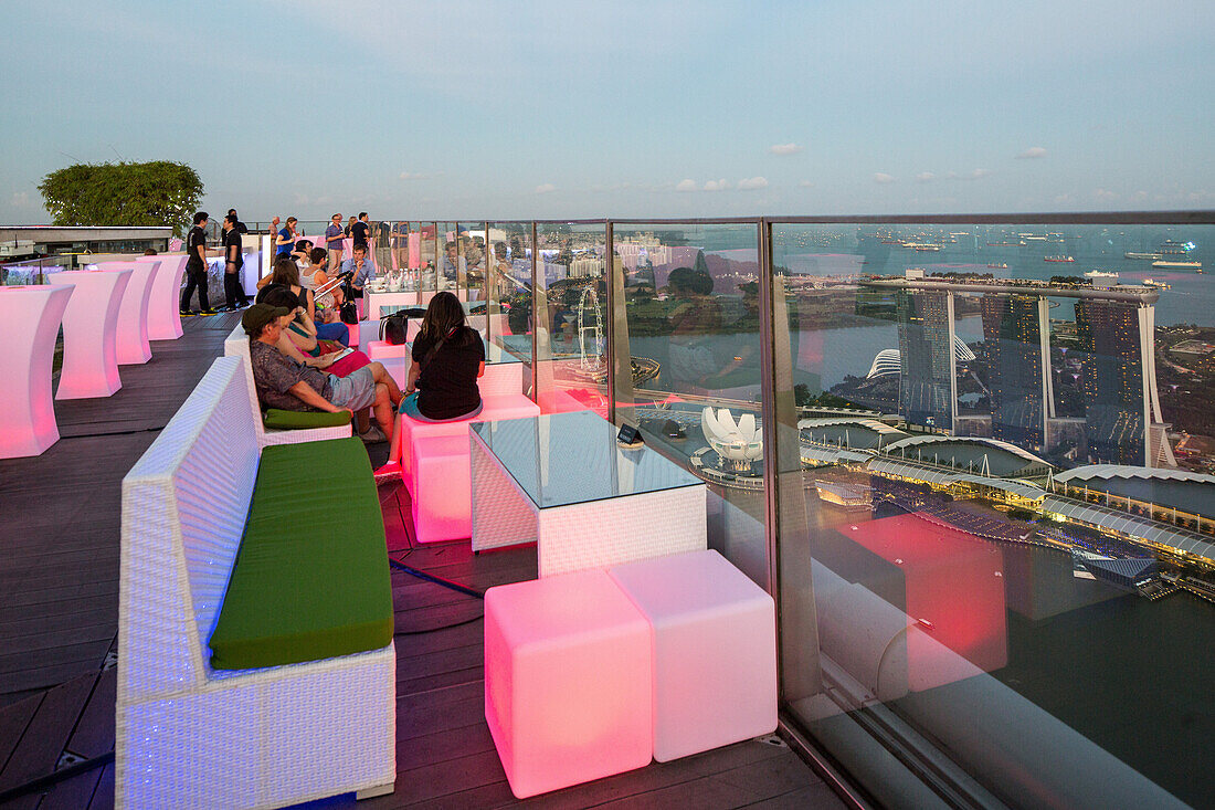 city view from 1-Altitude roof terrace bar, overview, city, river, Marina Bay, Singapore, Asia