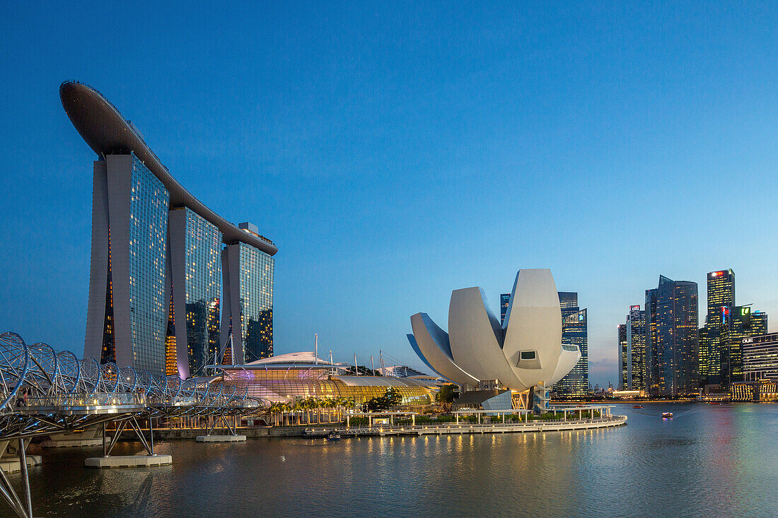 evening, sunset, clear sky, blue, Lotus Flower, ArtScience Museum, Marina Bay Sands, architecture, waterfront, Singapore, Asia