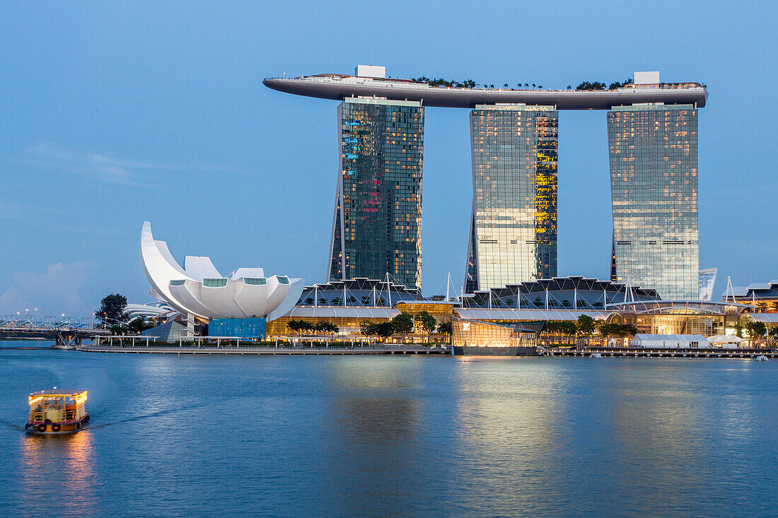 evening, sunset, Lotus Flower, ArtScience Museum, architecture, Marina Bay Sands, tour boat, Singapore, Asia