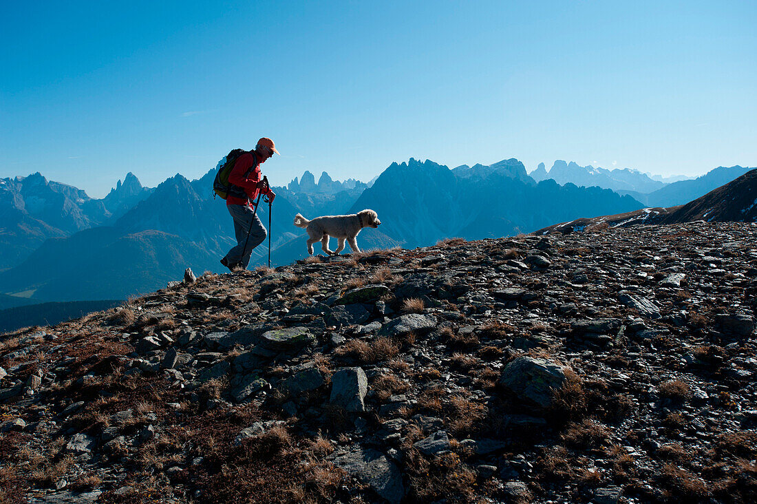 Ascend to Toblacher Pfannhorn, view to Sexten Dolomites, Dolomites, South Tyrol, Italy