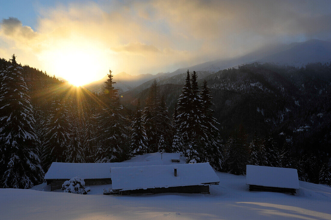 Snowy hut on the Zirog, Brenner Mountains, South Tyrol, Italy