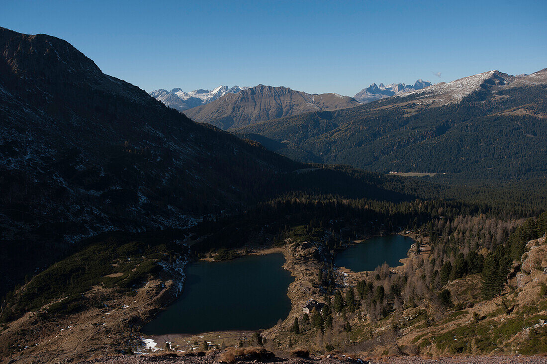 Laghi del Colbricon, Blick Richtung Val Travignolo, Pala Gruppe, Dolomiten, Südtirol, Italien