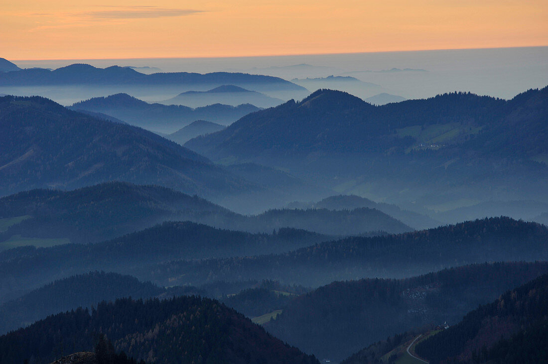 Sunset on Oetscher Mountain, View to the western Lower Austria, Lower Austria, Austria