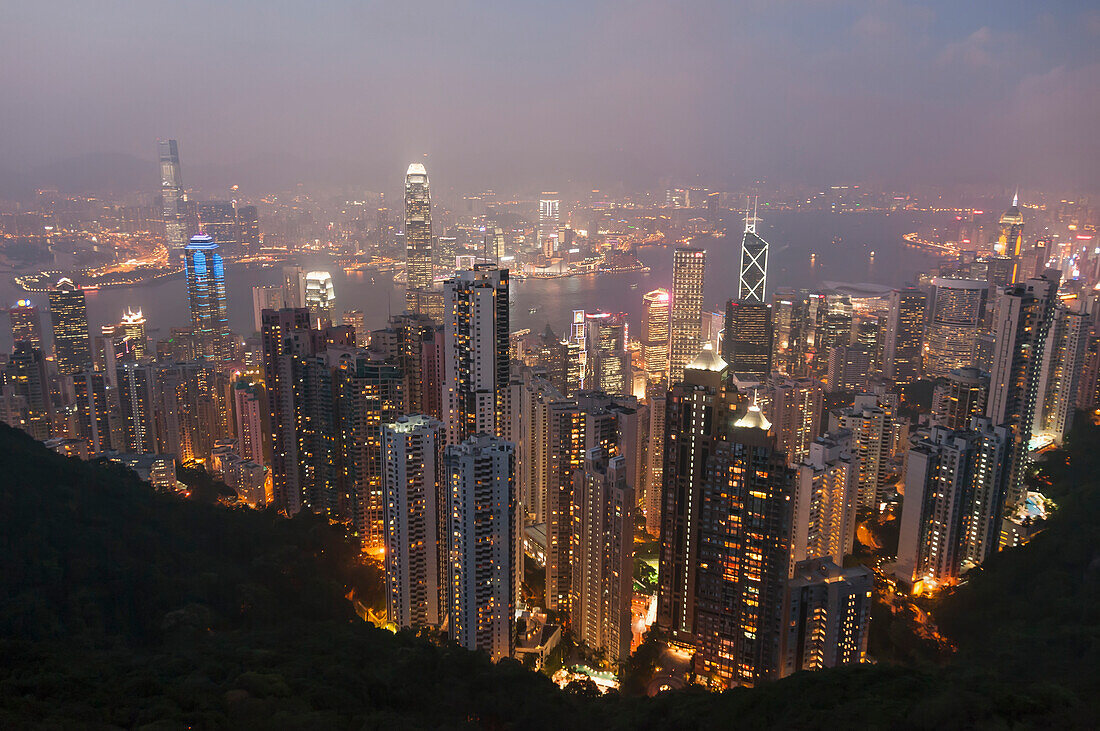 View from Victoria Peak of the island of Hong Kong at night, Hong Kong, China