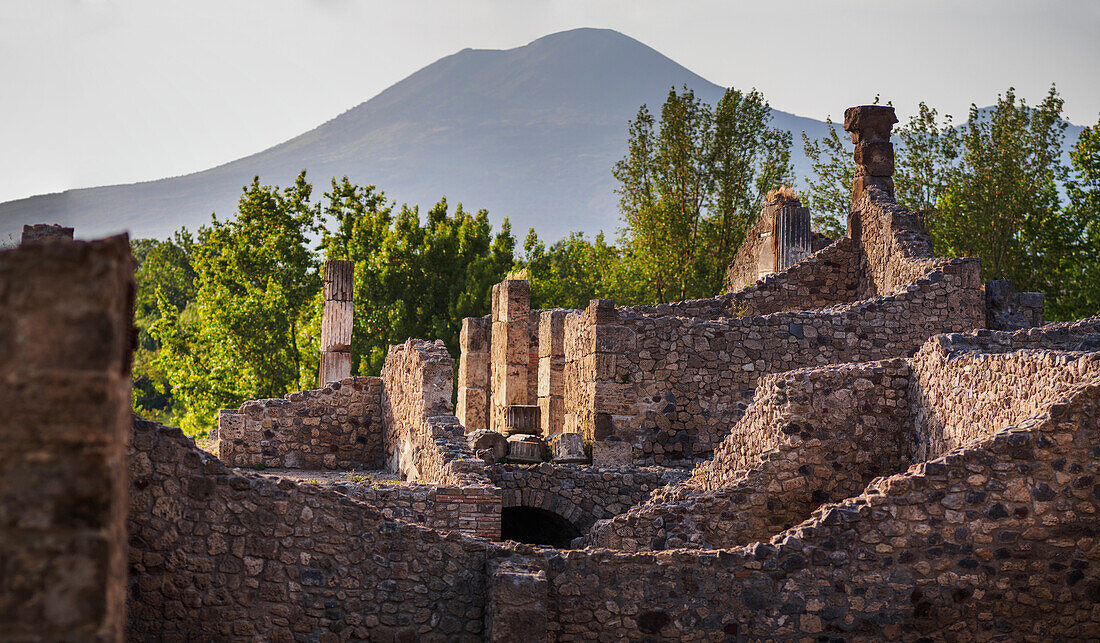 Temple ruins with Mount Vesuvius, Pompeii, Italy