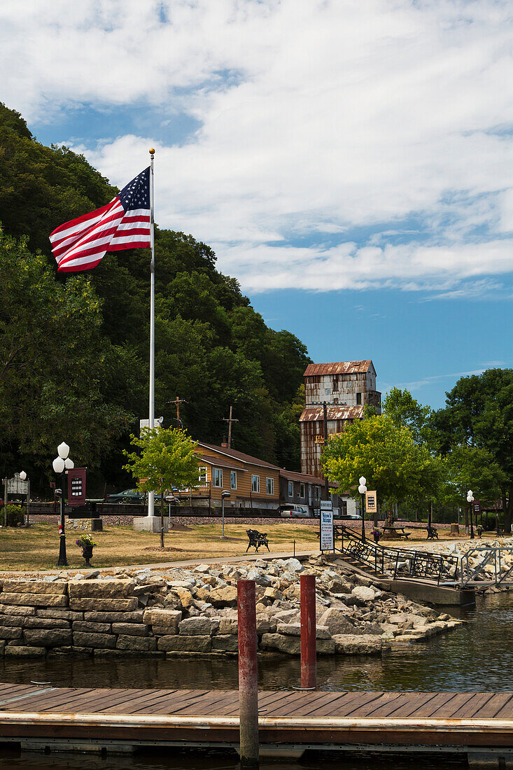 Boat dock with the American Flag flying, McGregor, Iowa, United States of America