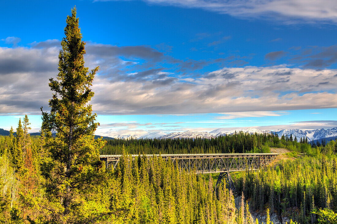 Scenic view of the Kuskulana River bridge on McCarthy Road in Wrangell-St. Elias National Park and Preserve, Alaska, United States of America