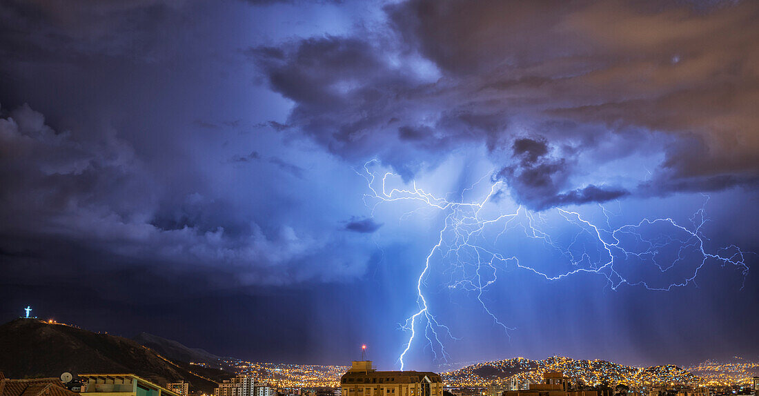 Lightning lights up the night skies above the city of Cochabamba, Cochabamba, Bolivia