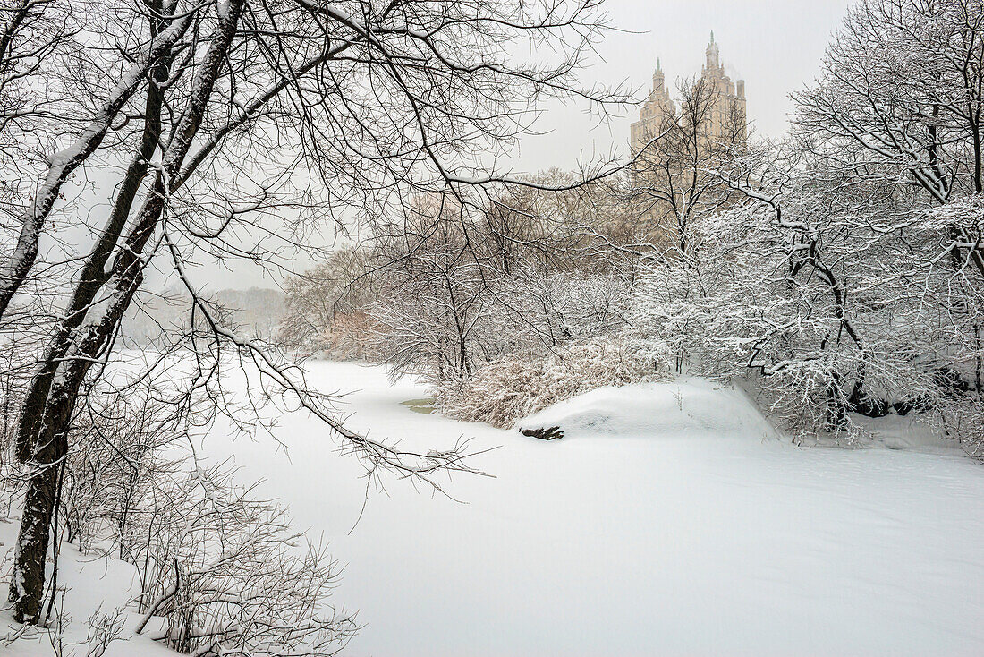 The lake frozen over and snow-covered, Central Park, New York City, New York, United States of America