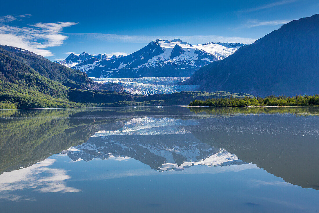 View of the Mendenhall Glacier reflected in Mendenhall Lake near Juneau, Southeast Alaska, Summer