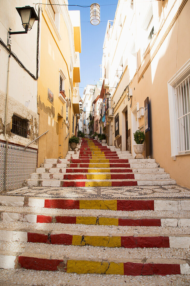 Colourful steps between residential buildings, Altea, Spain