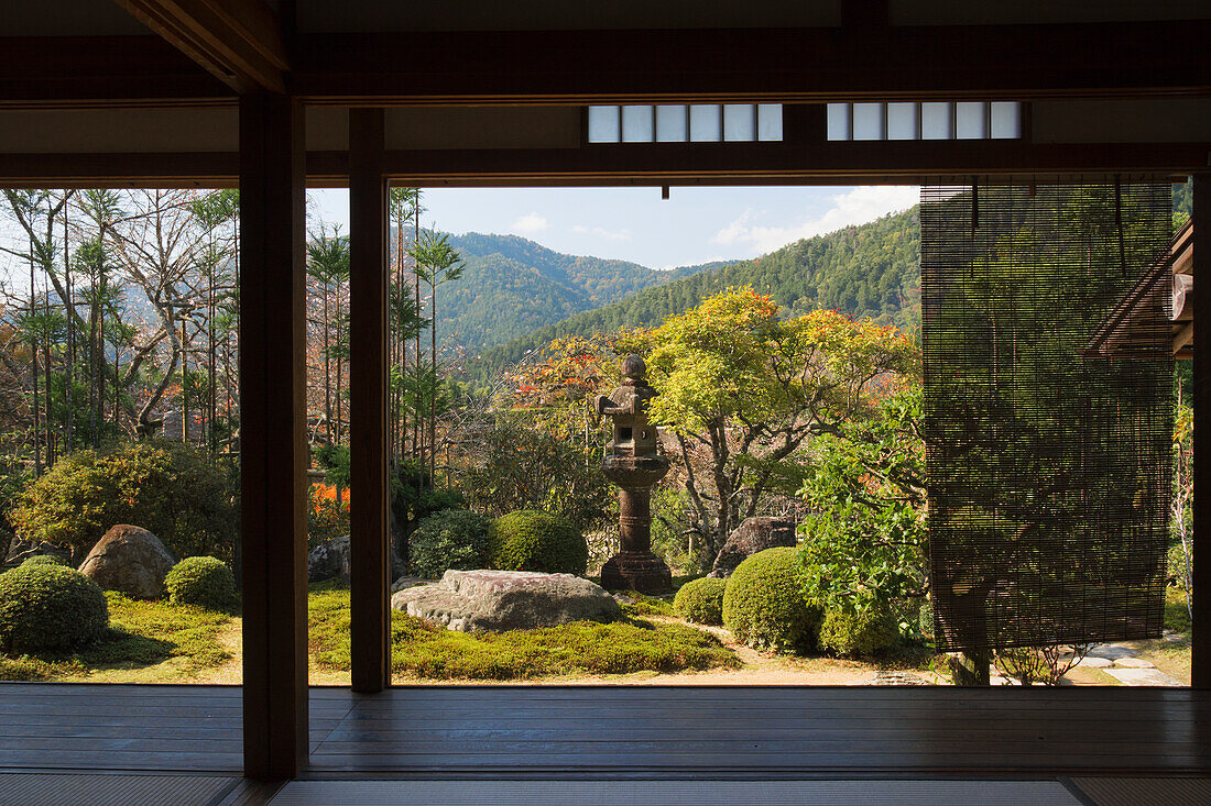 View from inside a Japanese temple over the garden, Ohara, Kyoto, Japan