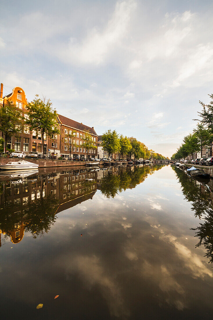 'Tranquil water reflecting buildings and trees in a canal, Singelgracht; Amsterdam, Netherlands'