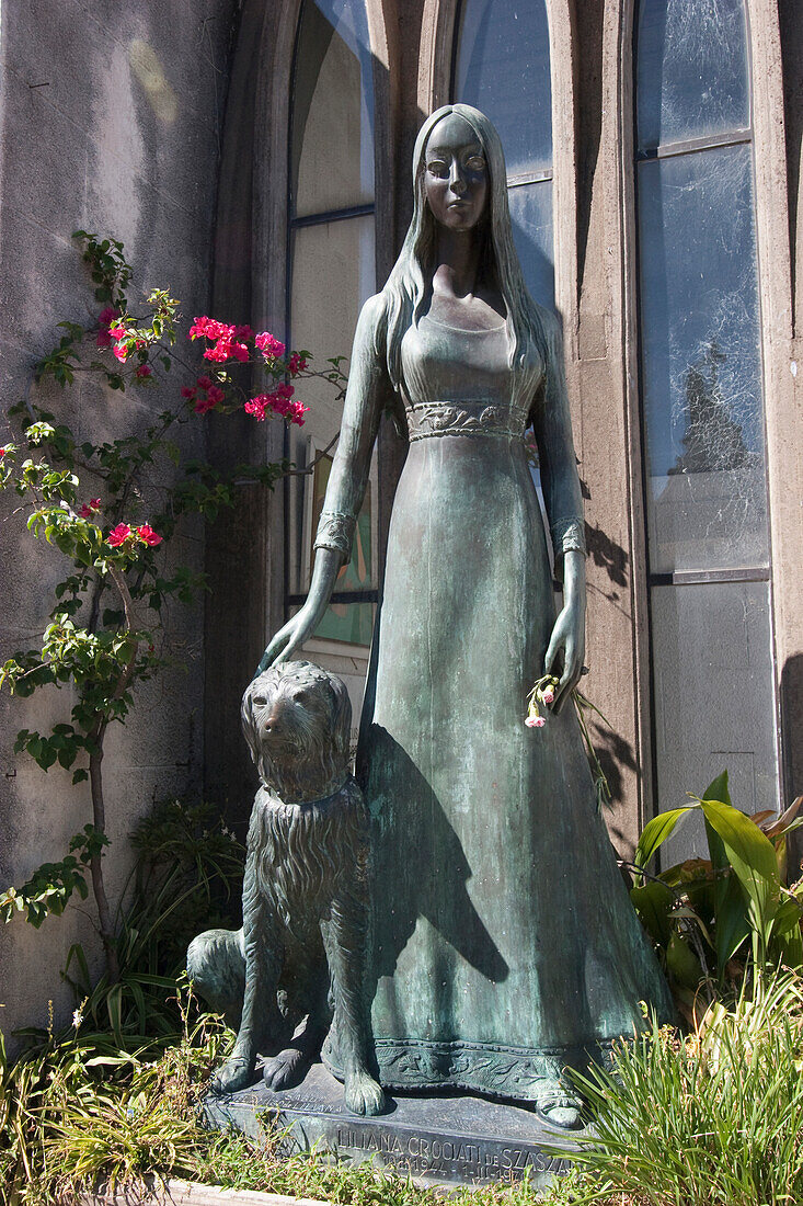 Statue Of Liliana Crociati De Szaszak And Her Dog Sabu By Sculptor Wilfredo Viladrich In Front Of Her Mausoleum At The Cementerio De La Recoleta, Buenos Aires, Capital Federal, Argentina