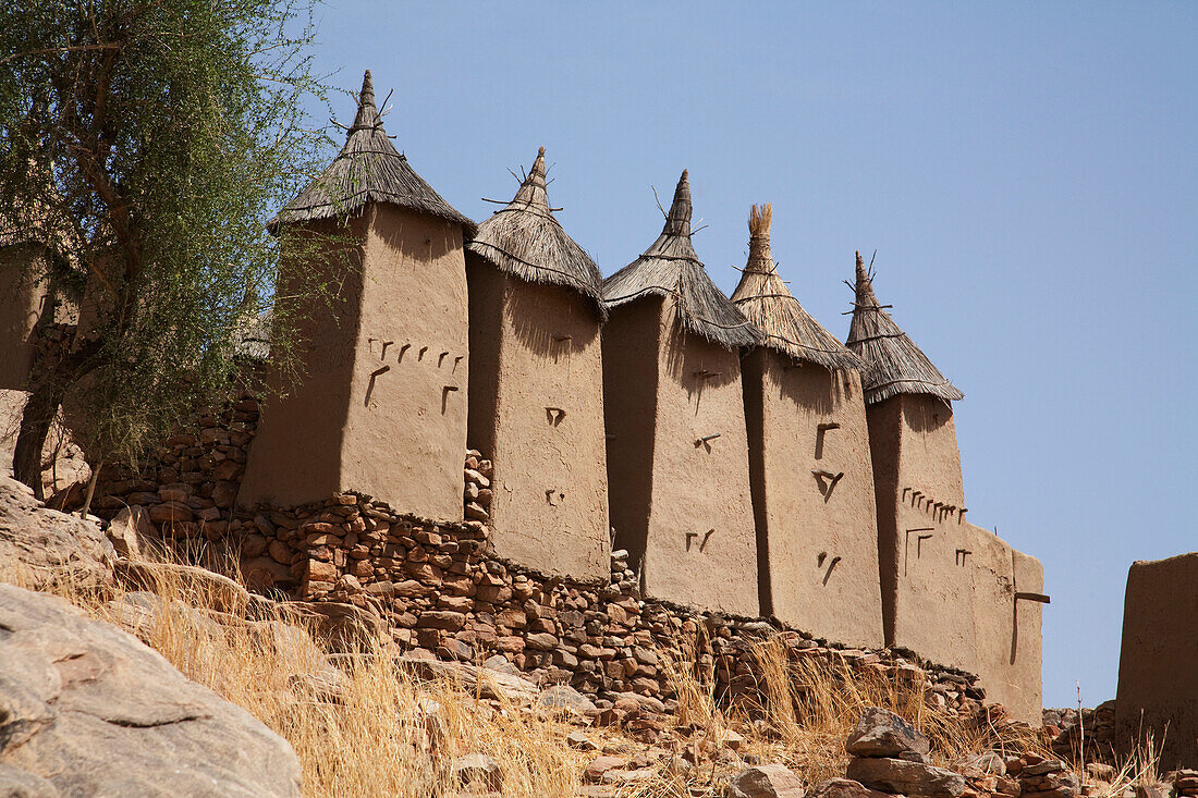 Low angle view of granaries in Neni, Mali