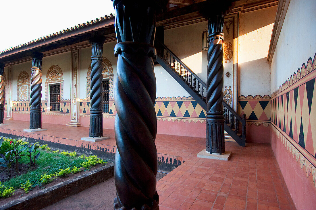 Walls With Frescoes With Tropical Motifs And Carved Wooden Columns Surrounding The Courtyard, Jesuit Mission Of Concepcion, Santa Cruz Department, Bolivia