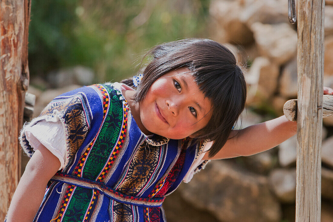 Aymara Girl On The Isla Del Sol In Titicaca Lake, La Paz Department, Bolivia