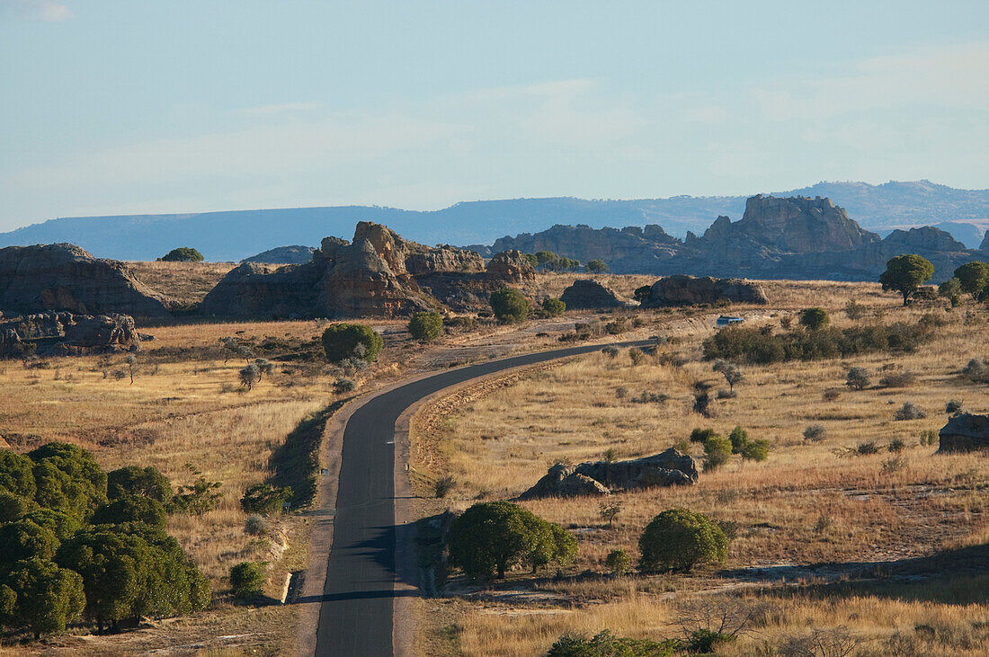 Highway No. 1 Through The Eroded Jurassic Sandstone Massif In Isalo National Park, Fianarantsoa Province, Madagascar