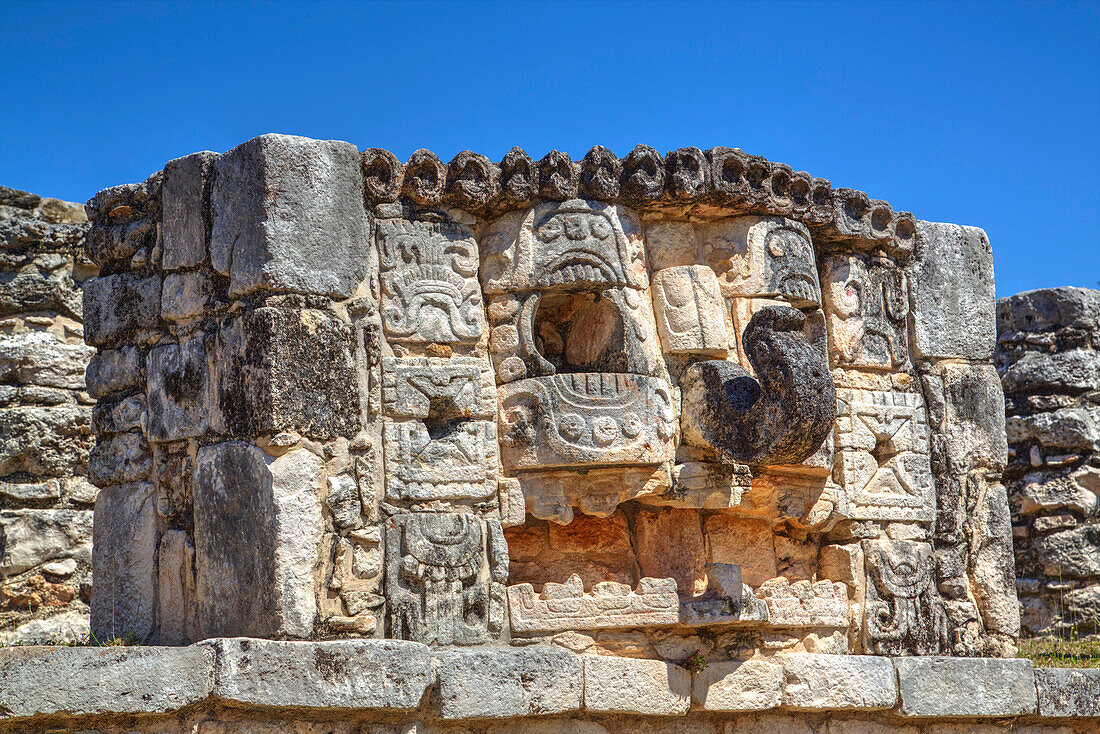 Stone mask of the God Chac, Mayapan, Mayan archaeological site, Yucatan, Mexico, North America