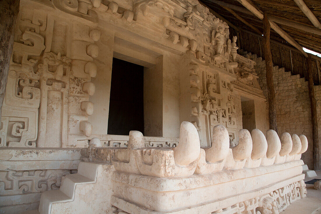 Stucco sculpture, Monster Mouth, The Tomb of Ukit Kan Lek Tok (Mayan Ruler), The Acropolis, Ek Balam, Mayan archaeological site, Yucatan, Mexico, North America
