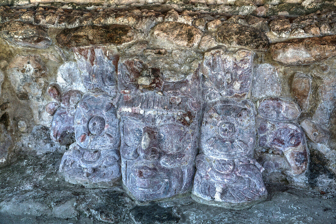 Carved stone masks, Temple of Masks, Edzna, Mayan archaeological site, Campeche, Mexico, North America