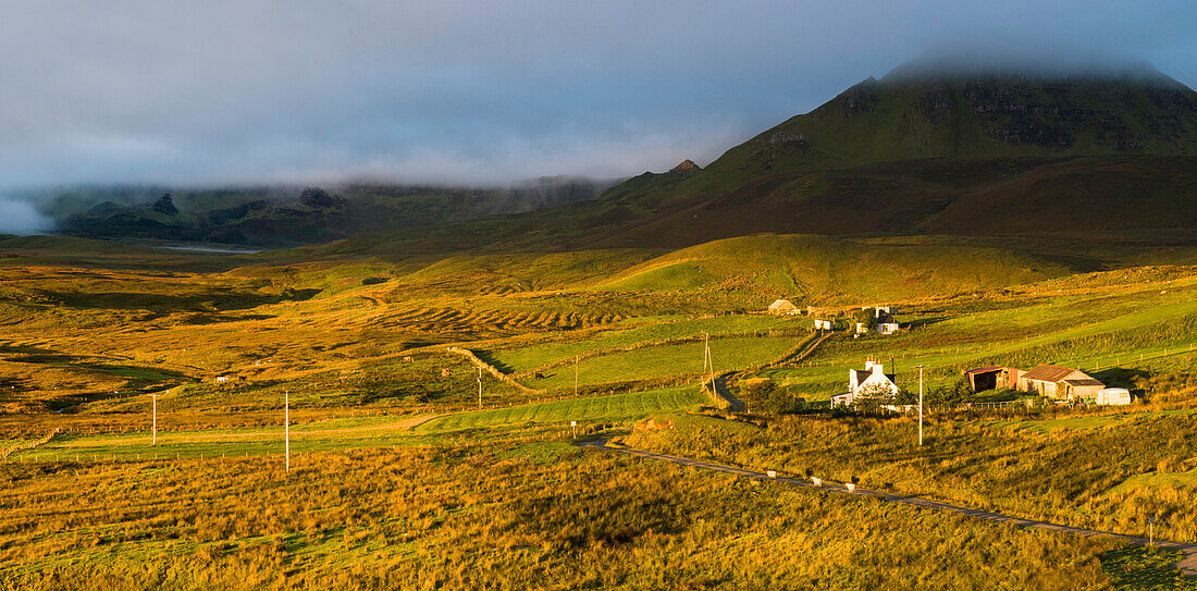 View of the Quiraing from Brogaig on the Isle of Skye, Inner Hebrides, Scotland, United Kingdom, Europe