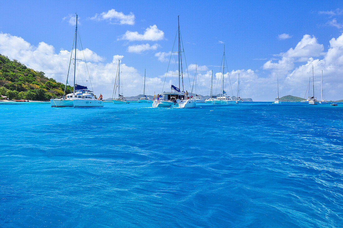 sailing ships on the sea in front of Petit Rameau island, Tobago Cays, St. Vincent, Saint Vincent and the Grenadines, Lesser Antilles, West Indies, Windward Islands, Antilles, Caribbean, Central America