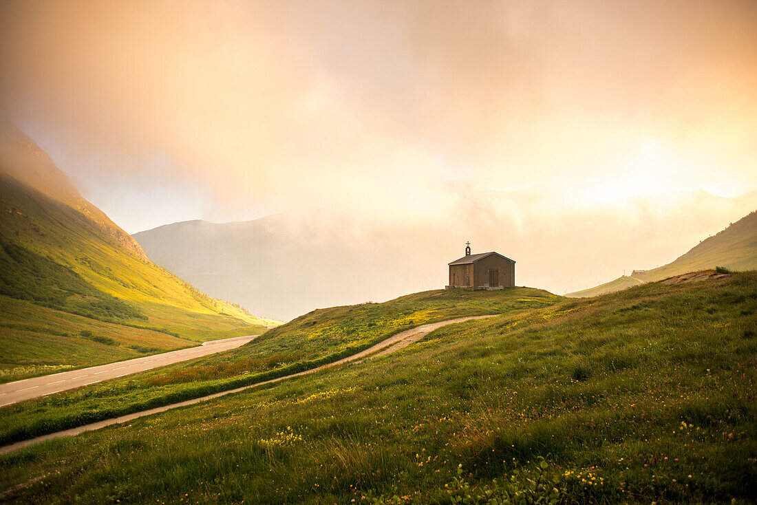 Rural Mountain Church at Sunrise