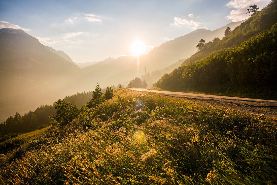 Mountain Road with View of Alps at Sunrise, Col du Mont Cenis, Val Cenis Vanoise, France