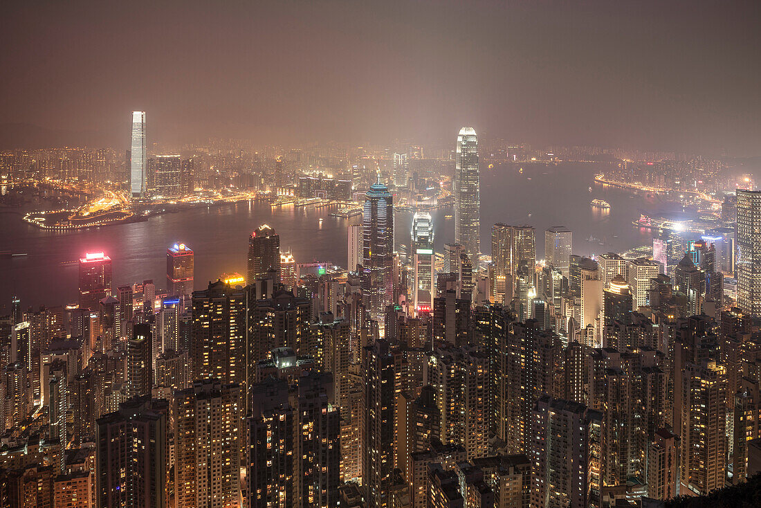 typical view at Skyline and Victoria Harbour from the Peak at night, Hongkong Island, China, Asia