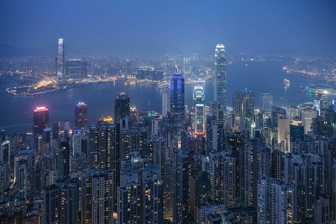 typical view at Skyline and Victoria Harbour from the Peak at night, Hongkong Island, China, Asia