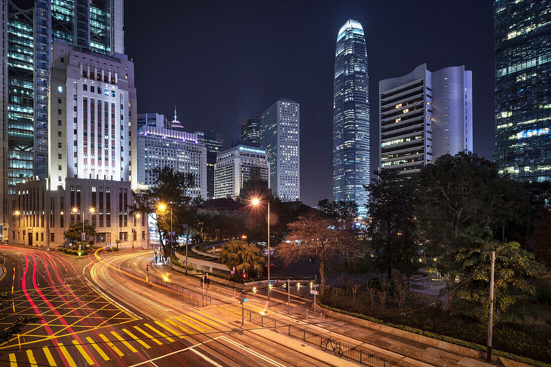 view at IFC two in Central District at night, Hongkong Island, China, Asia