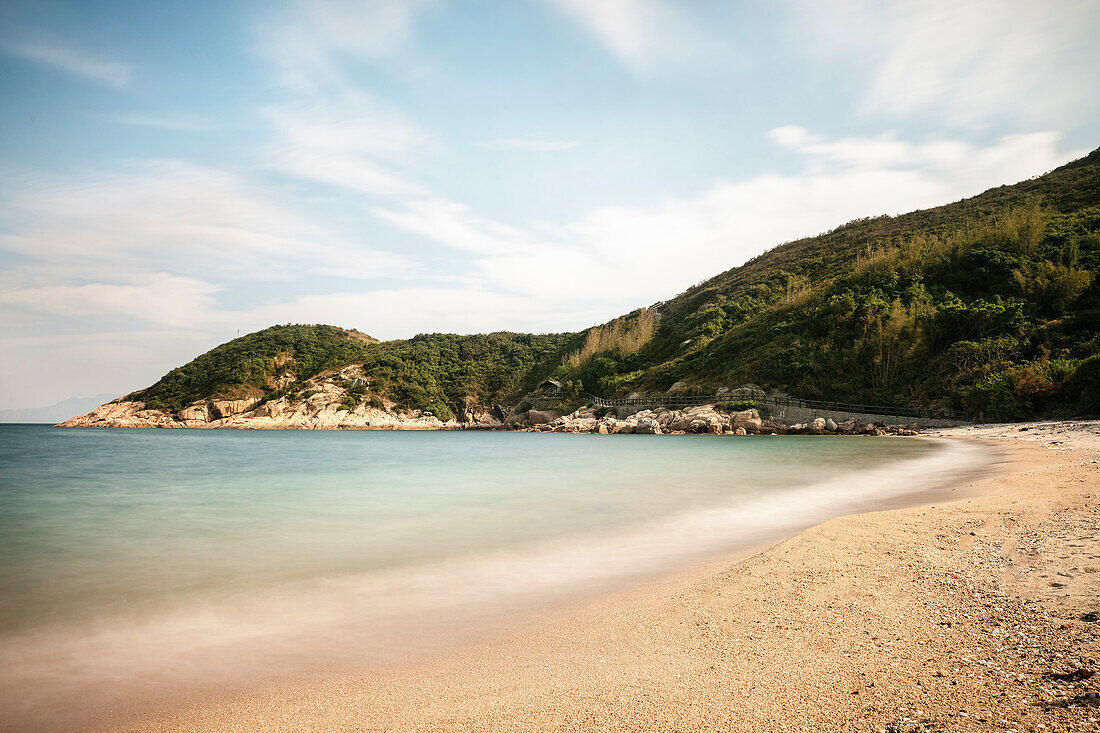 torquise water, lonely beach at Cheng Chau Island, Hongkong, China, Asia, long time exposure