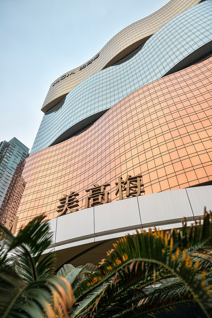 wavy and three coloured fascade of MGM Hotel, modern architecture, Macao, China, Asia