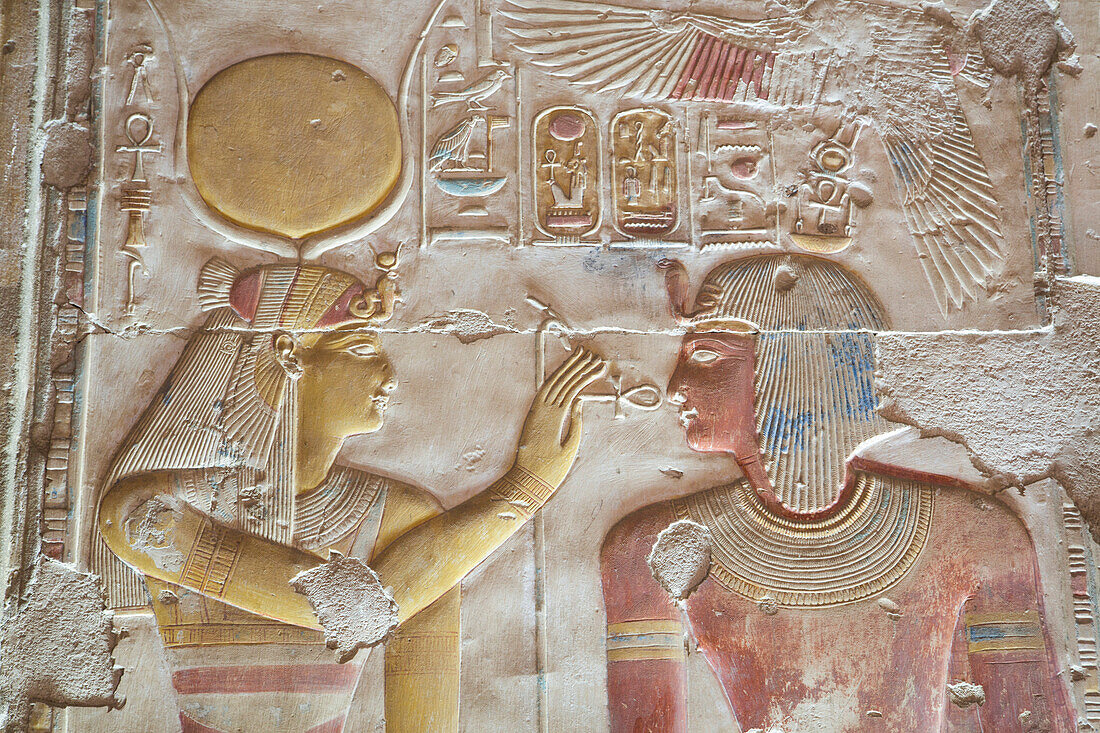 Bas-relief of Pharaoh Seti I on right with the Goddess Hathor on left, Temple of Seti I, Abydos, Egypt, North Africa, Africa