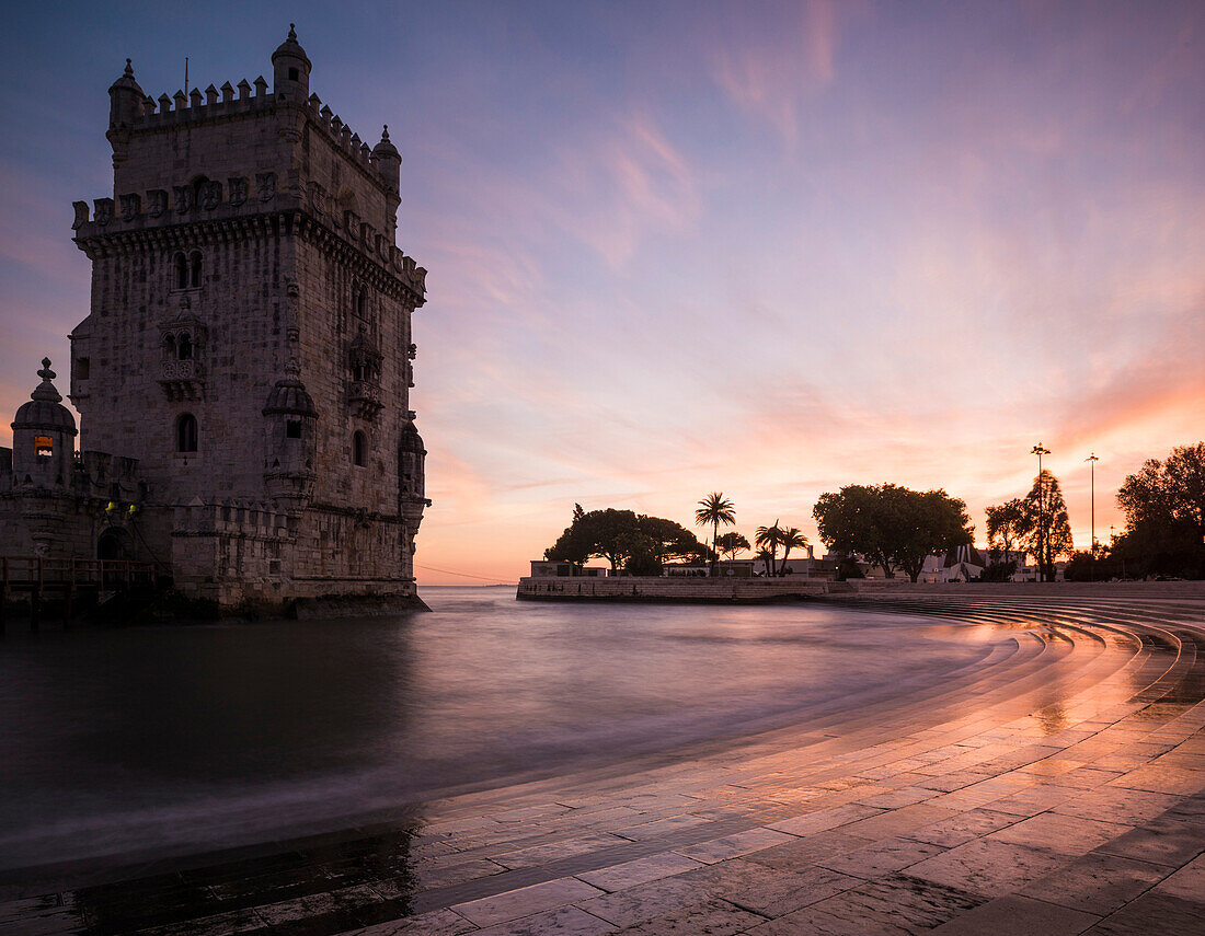 Belem Tower at dusk Torre de Belem, UNESCO World Heritage Site, Lisbon, Portugal, Europe